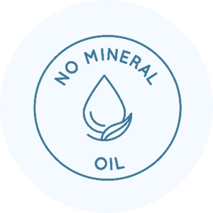 7 Icon indicating no mineral oil, featuring a water droplet and leaf.