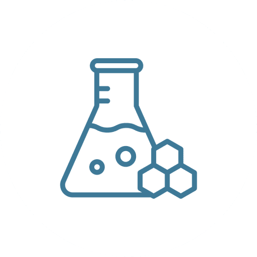 Stylized science flask with honeycomb shapes representing chemistry or biotech.