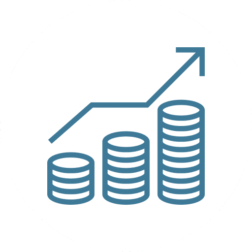 Stacked coins with an upward arrow symbolizing financial growth.