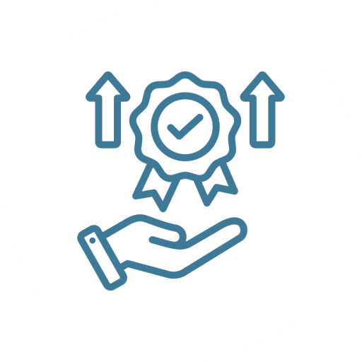Hand holding a badge with upward arrows, symbolizing quality improvement.