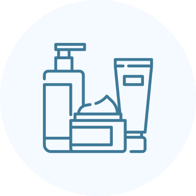 Line drawing of three skincare product containers: pump bottle, jar, and tube.