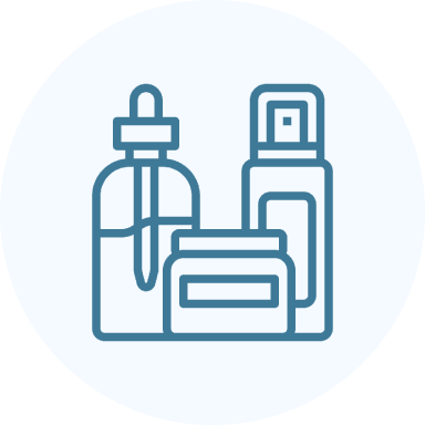 Outline icons of cosmetic containers including a dropper bottle, spray bottle, and cream jar.