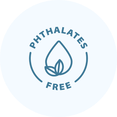 Phthalates-free product logo with leaf and droplet design.