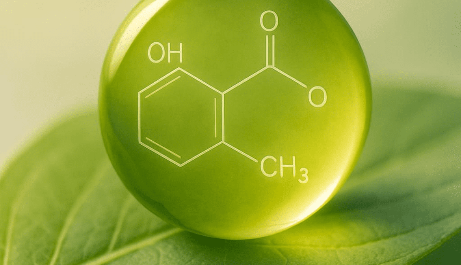 GettyImages-1170207585-1 Chemical structure of a molecule inside a green sphere on a leaf.