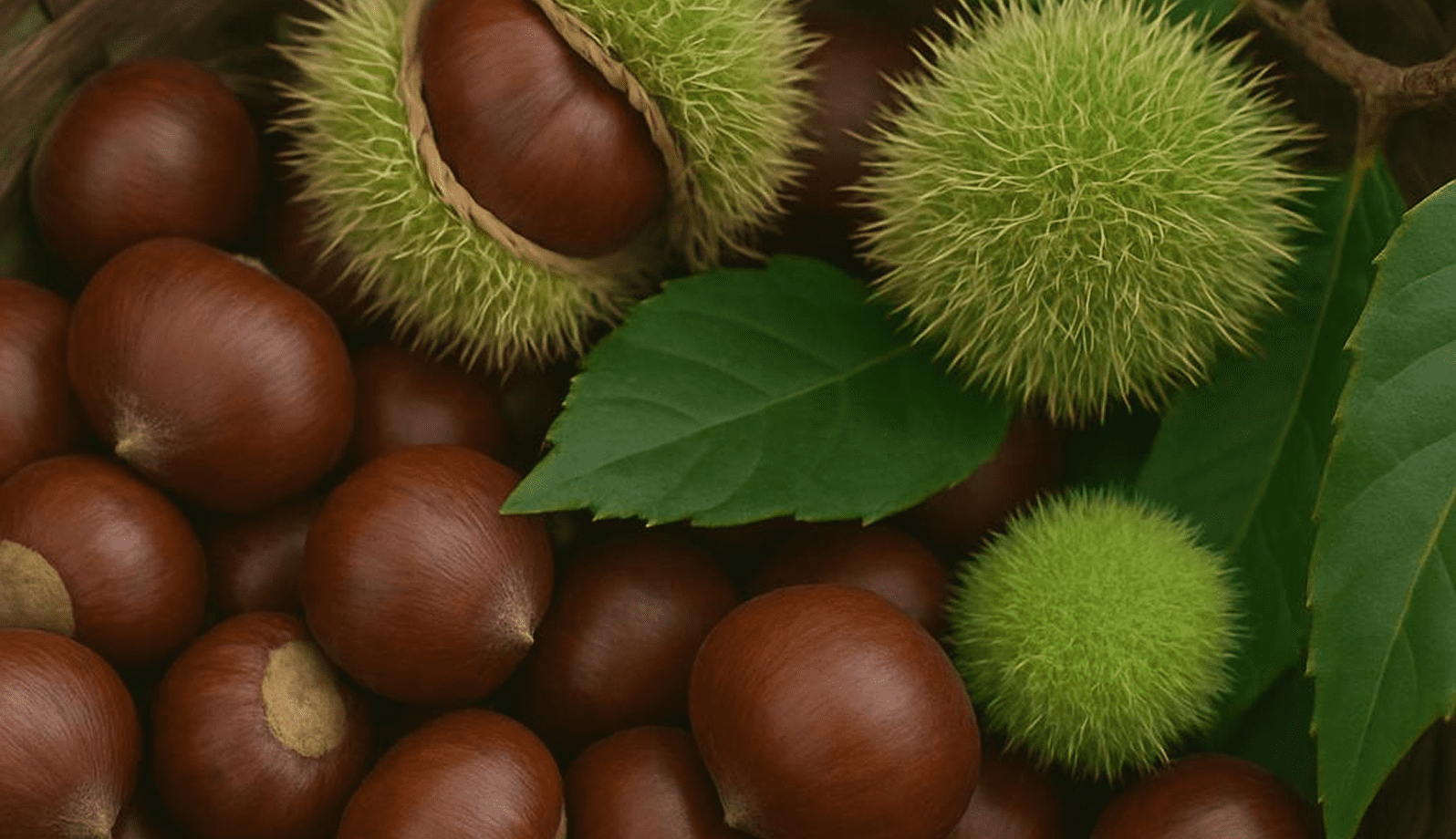 GettyImages-1170207585 Close-up of glossy chestnuts with green spiky husks and a leaf.