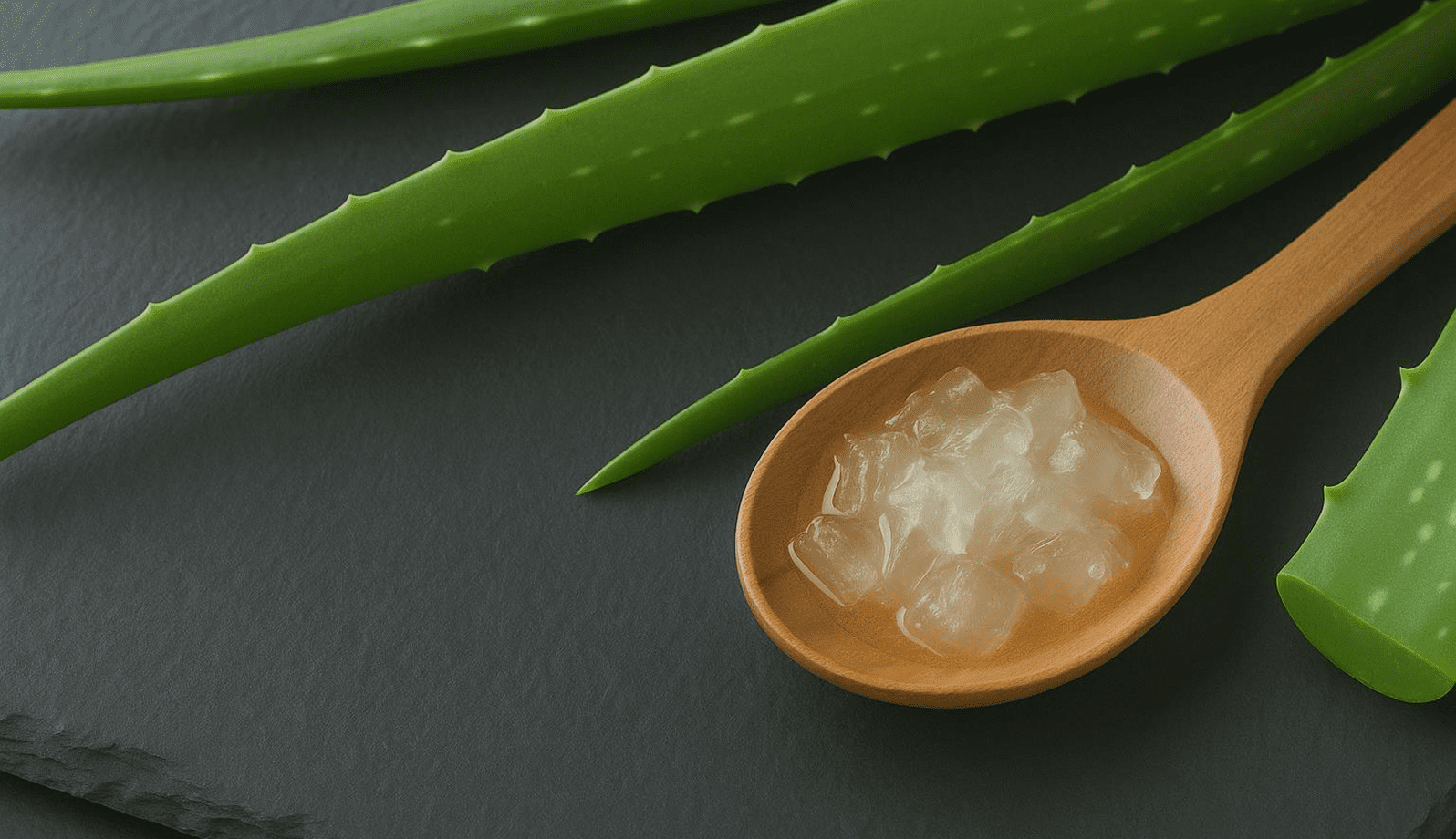 GettyImages-1170207585-15 A wooden spoon with aloe vera gel next to aloe leaves.