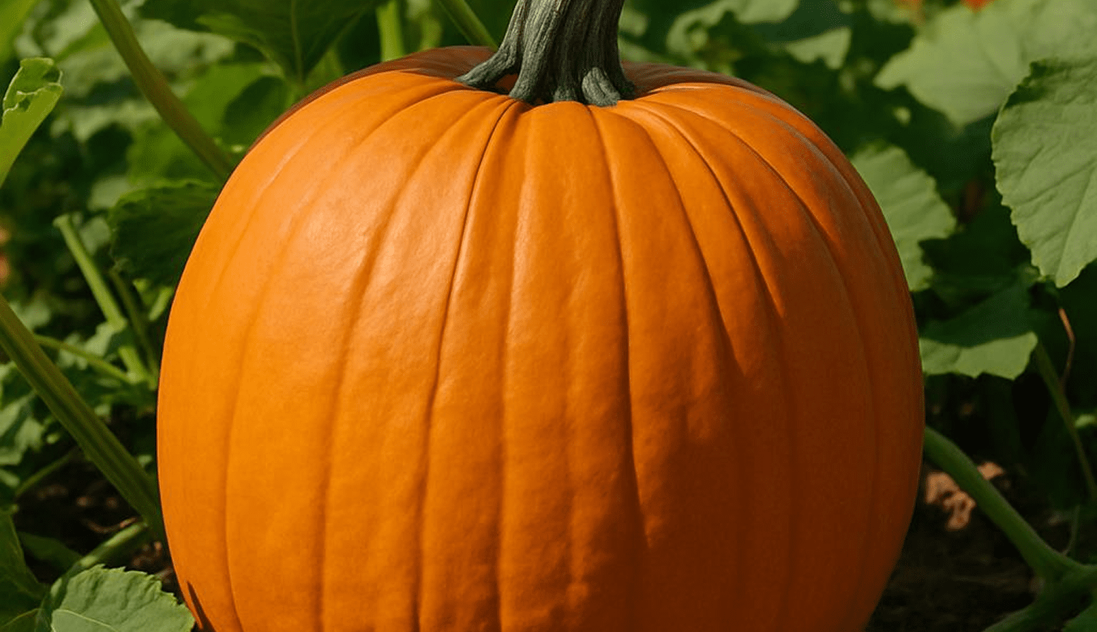 GettyImages-1170207585-2 Close-up of a bright orange pumpkin with green leaves in the background.