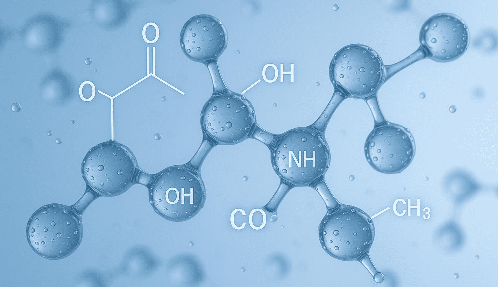 GettyImages-1170207585-22 3D molecular model with chemical bonds and formula on a blue background.