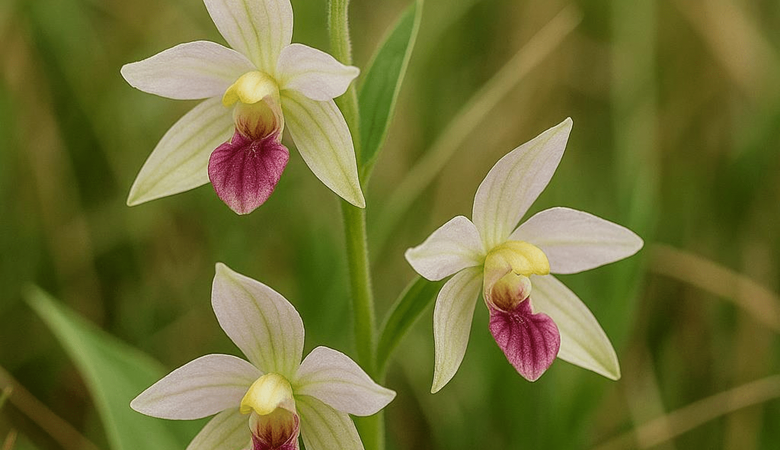 GettyImages-1170207585-23 Delicate orchids with white and purple petals in natural greenery.