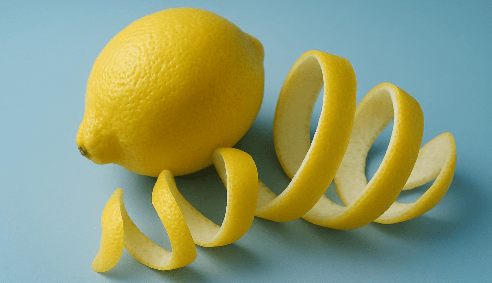 GettyImages-1170207585-27 A lemon peel spiraled next to a whole lemon on a light blue surface.