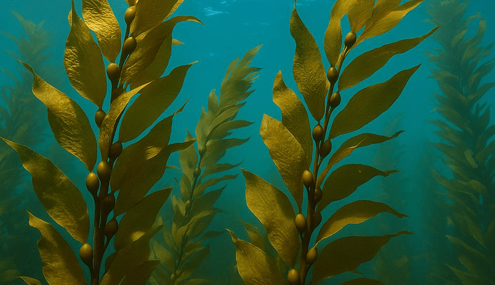 GettyImages-1170207585-29 Underwater kelp forest with green fronds and blue background.