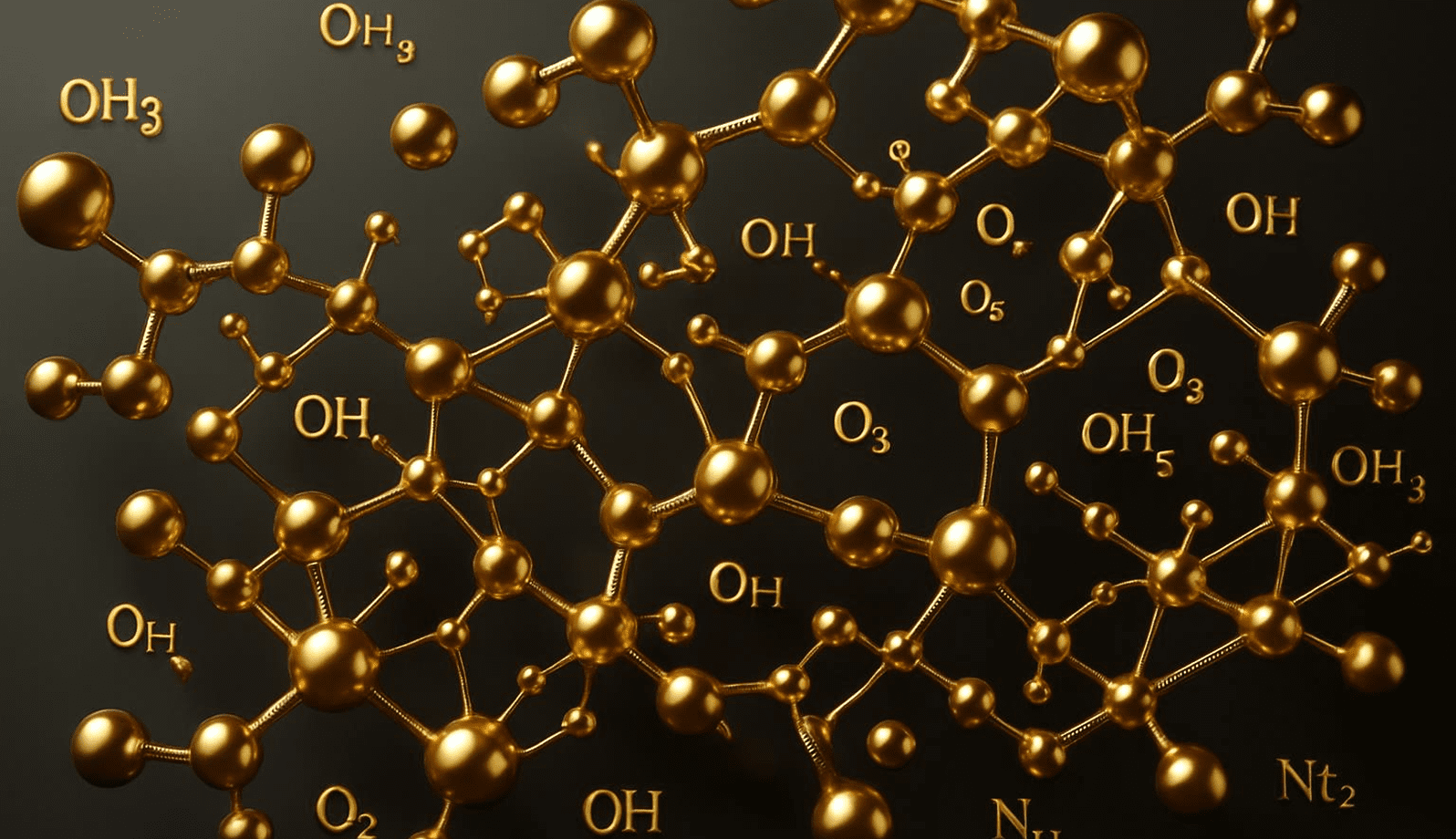 GettyImages-1170207585-41 3D molecular structure with labeled atoms and functional groups in gold color.