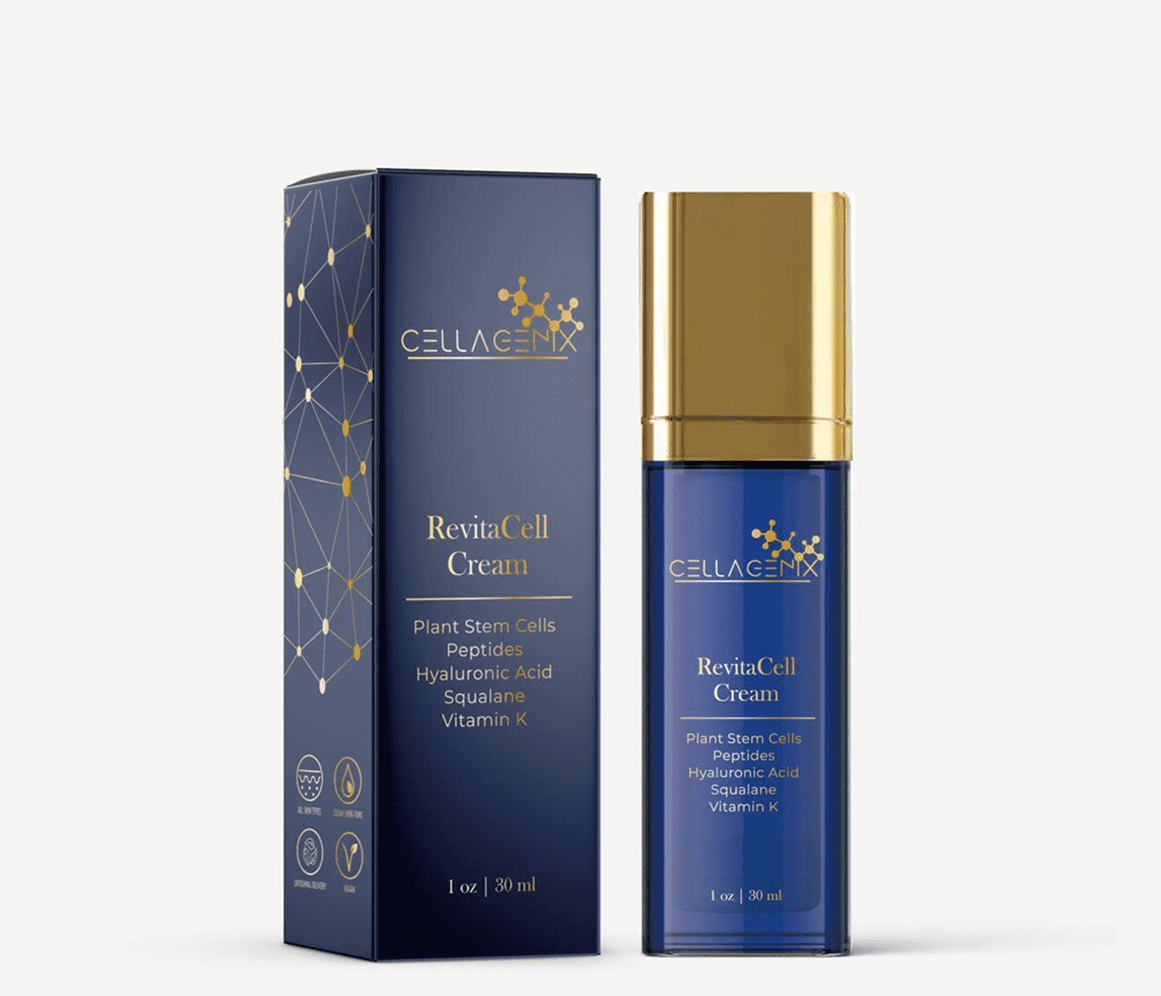 A blue and gold skincare serum bottle with matching box.