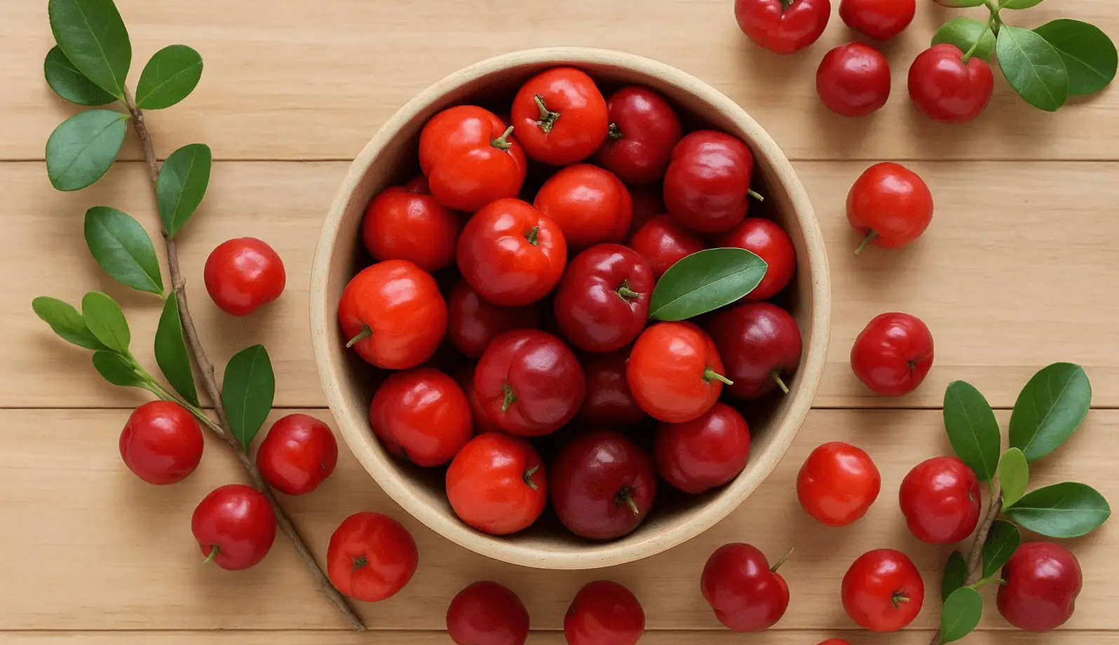 A bowl filled with fresh red cherries on a wooden surface.