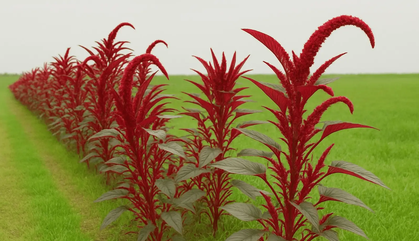 Red amaranth plants growing in green grass.
